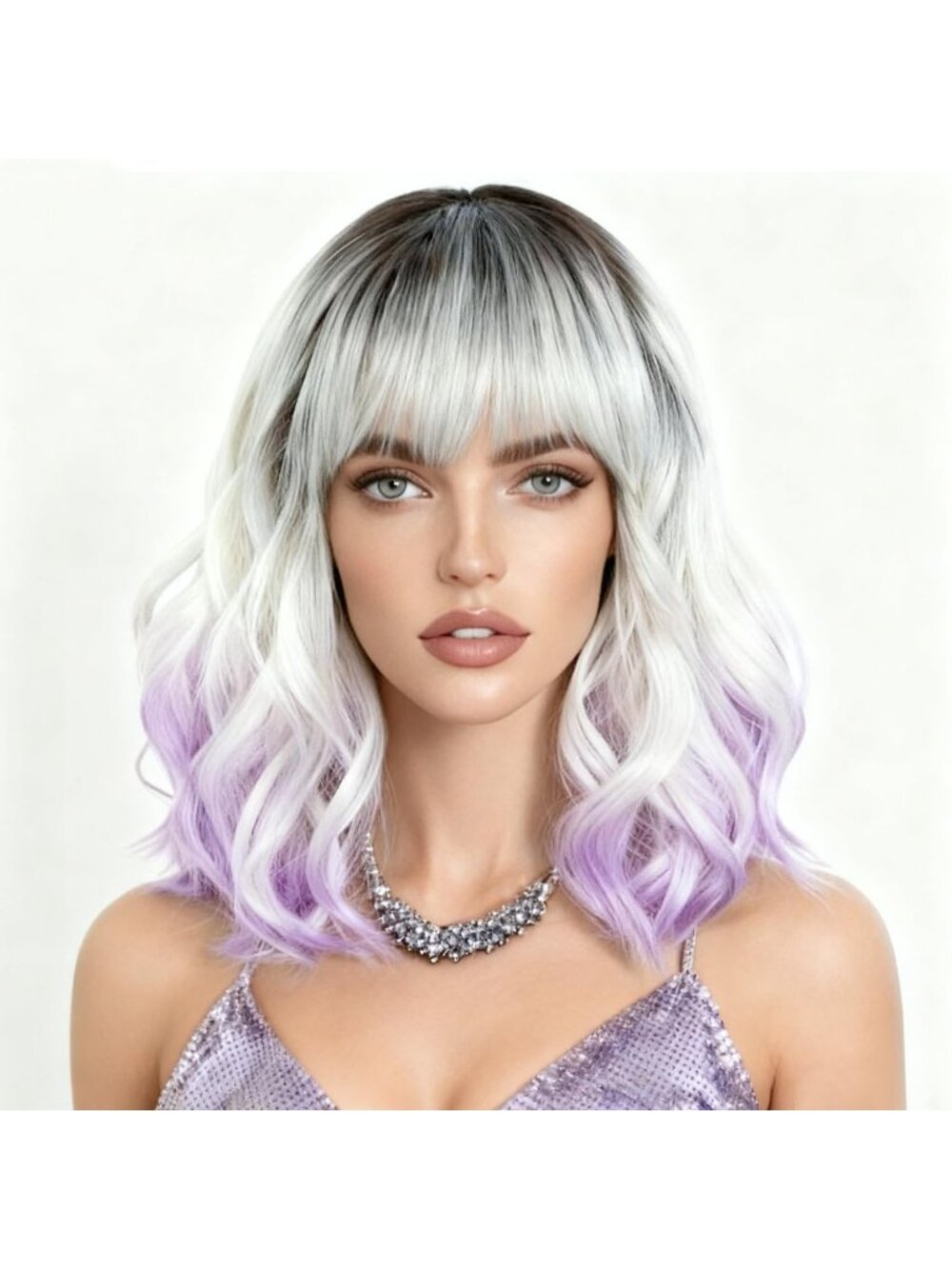 Women's Purple  White Ombre Bob Party Wig with Bangs Short Curly Synthetic